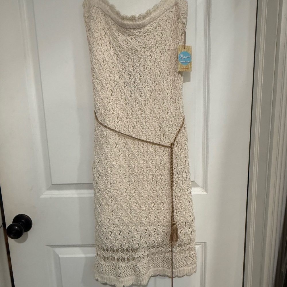 Forever 21 Boho Red Sahara Beige Crochet Strapless Dress Medium